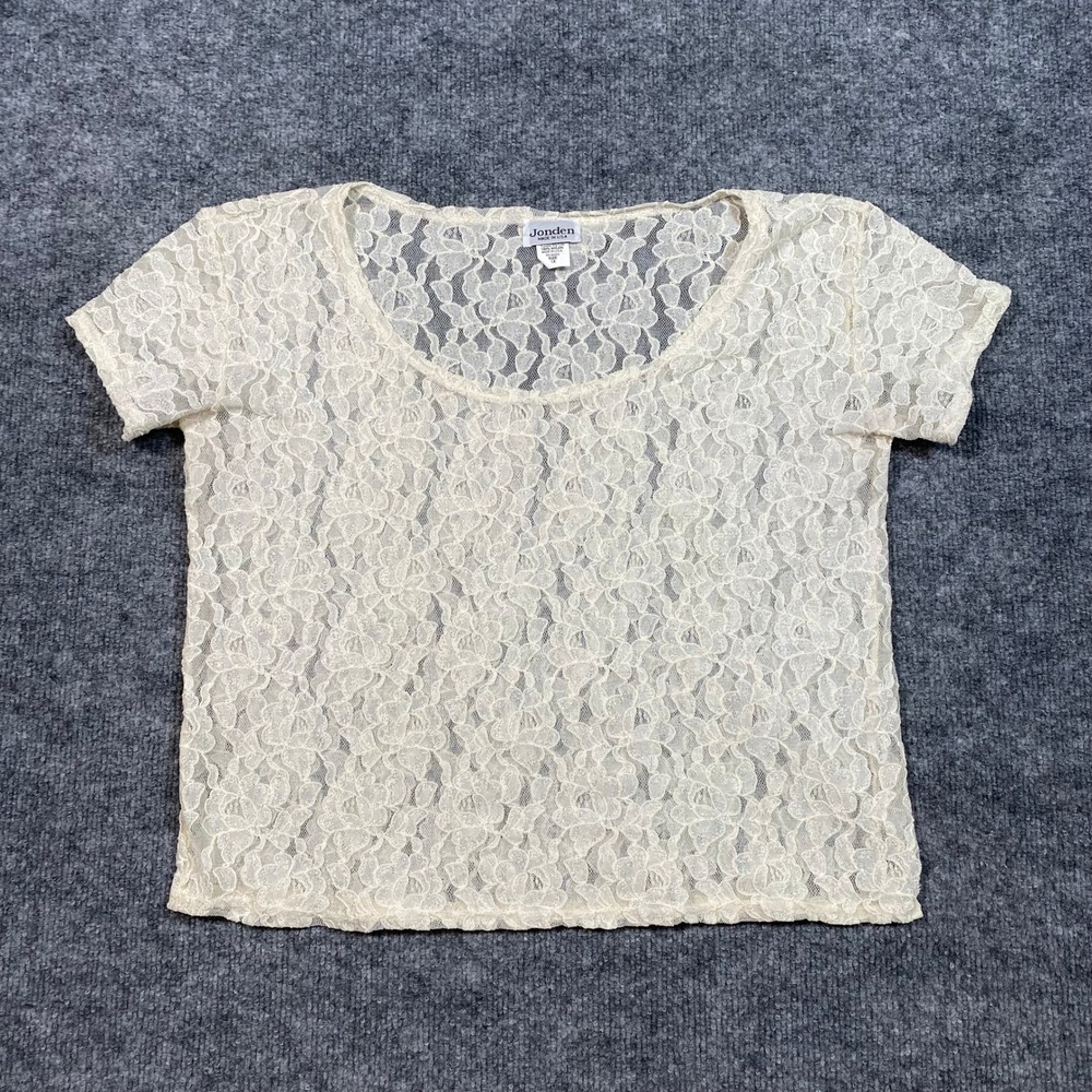 Jonden Women 1X Cream Ivory Floral Lace Sheer Short Sleeve Scoop Neck Top USA